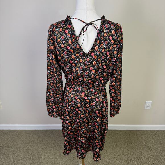 Loft Black Shimmer Floral Ruffle Flare Mini Dress US Womens S Petite New - Picture 3 of 7